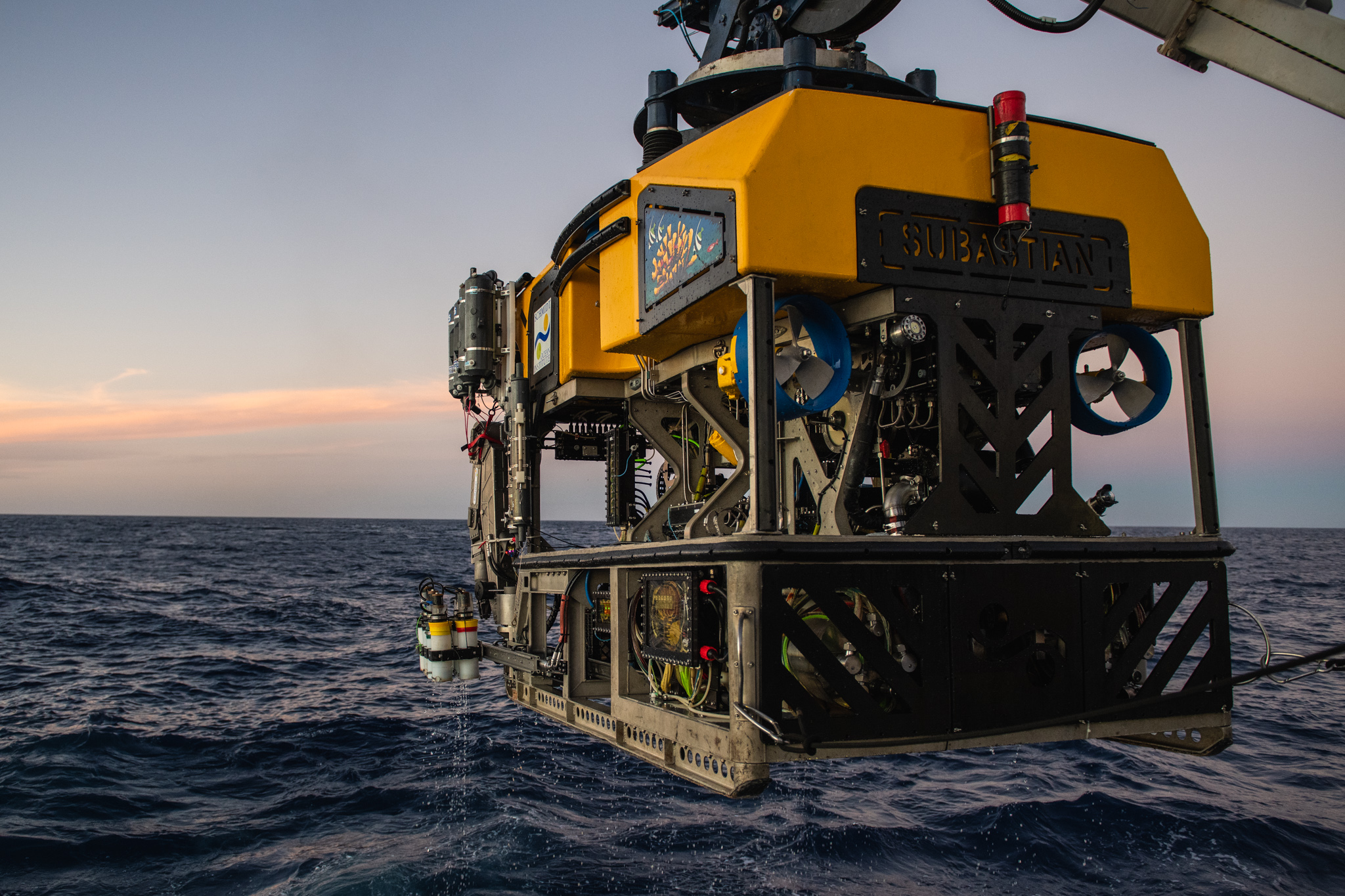 ROV SuBastian is lifted back in deck after another day's dive down to 2500+ m in the Cape Range Canyon off Ningaloo in western Australia.