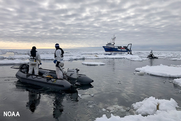 Image2 PHOTO Researchers Kyle Kolda Josh London inflatable boat sea ice RV Norseman II NOAA Fisheries Jessica Lindsay