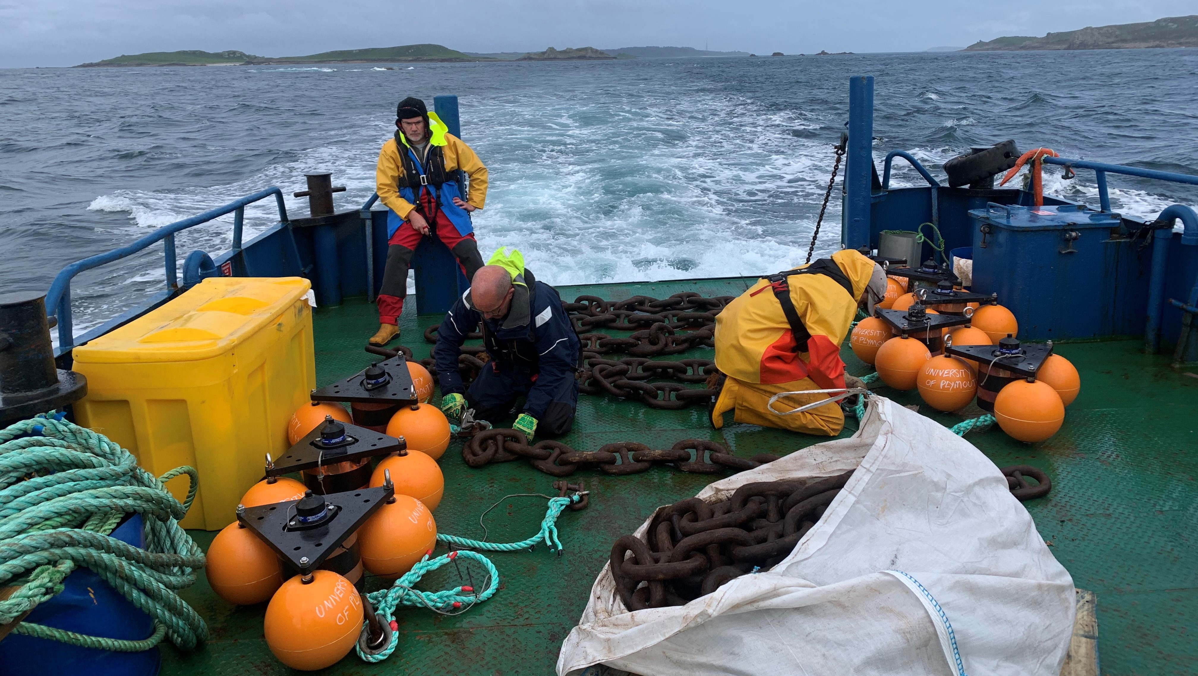 Crews prepare to deploy acoustic receivers off the island of St Martins Credit University of Plymouth