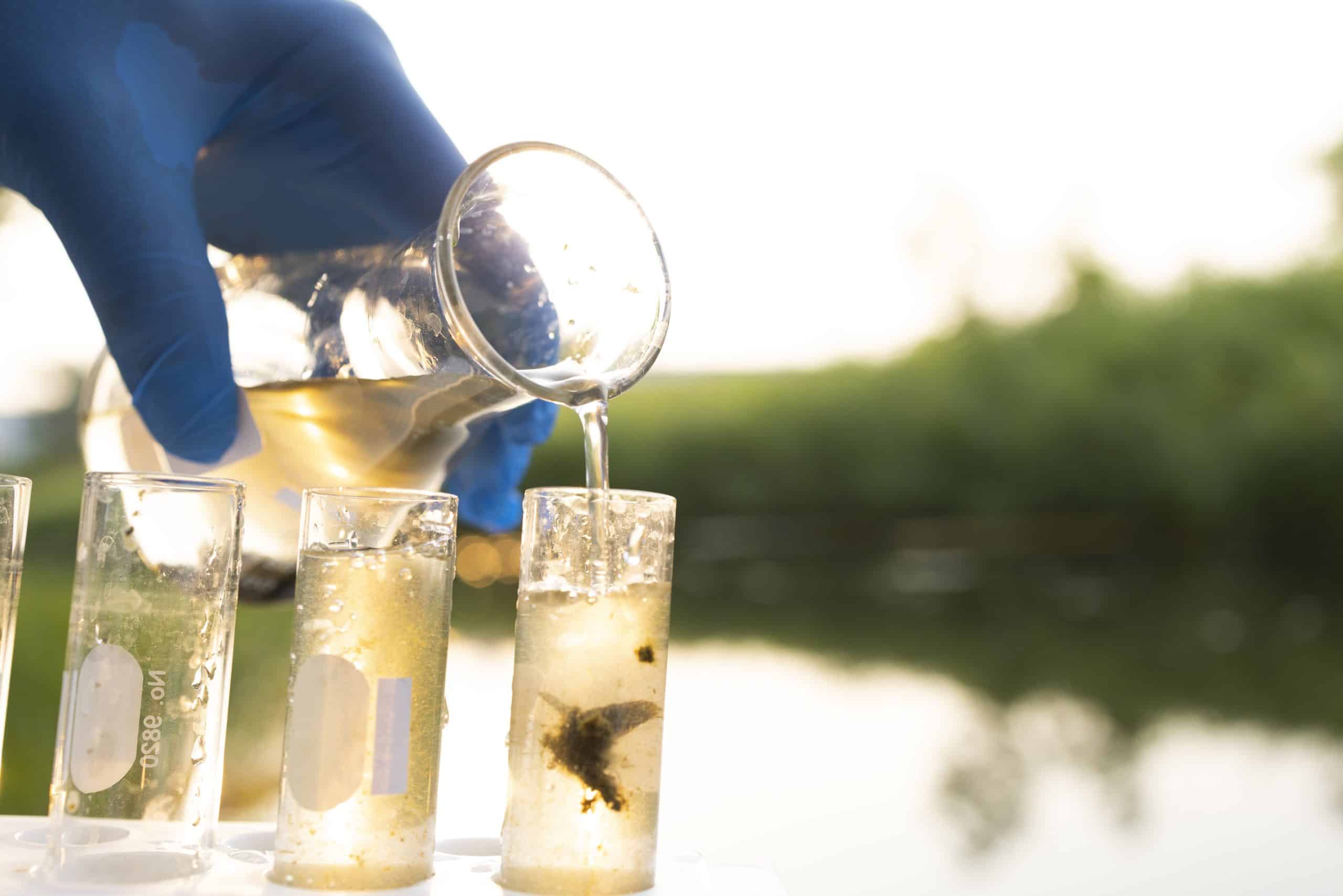 Close up hand with glove Collect samples of wastewater from industrial canals in test tube. mobile water laboratory check