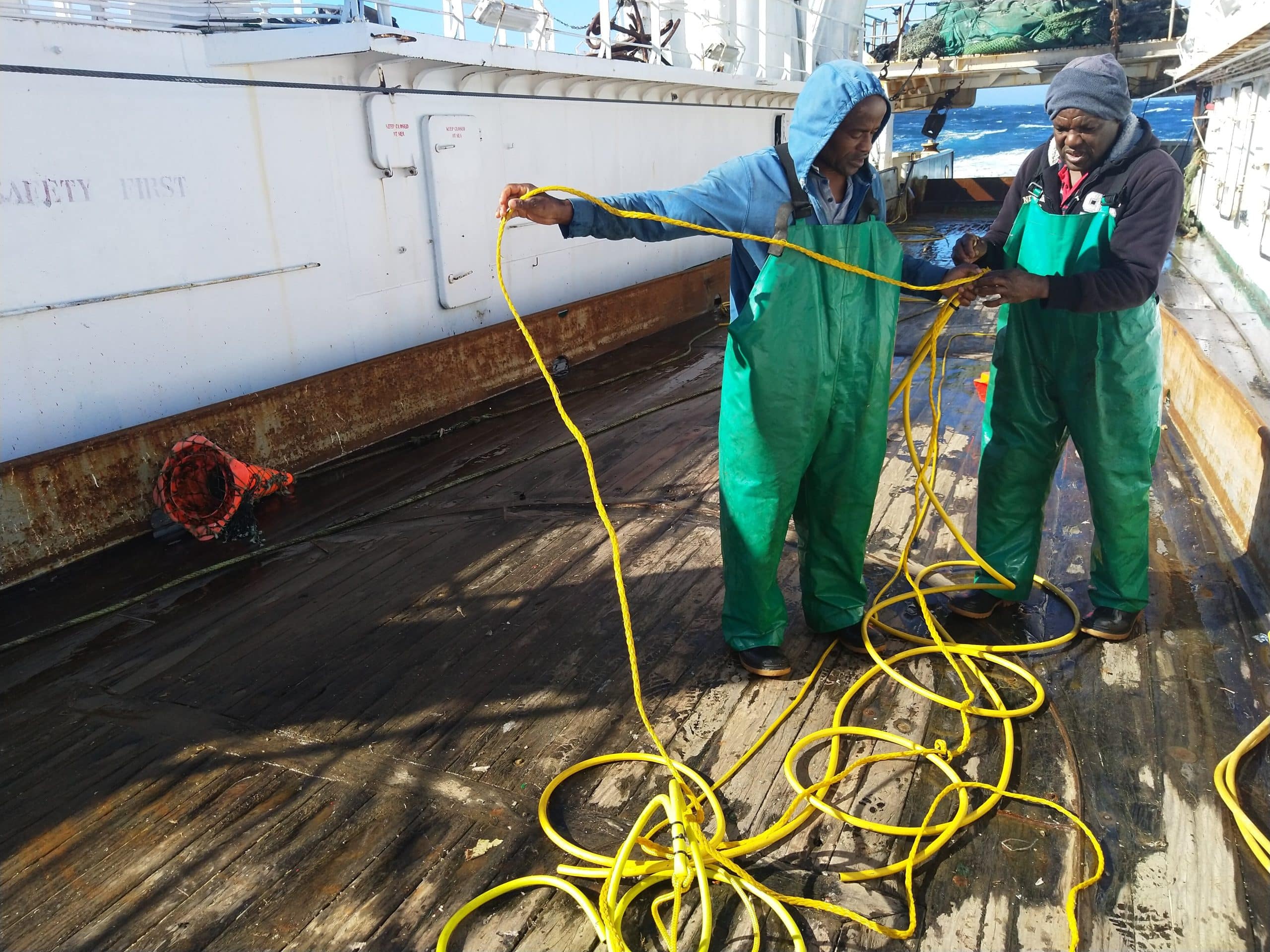 Bosun on a fishing vessel renovating a worn put bord scaring line c Titus Shaanika