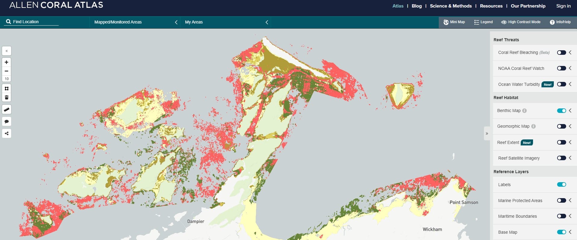 Image2 A screenshot of the Allen Coral Atlas in action highlighting key data off Western Australia