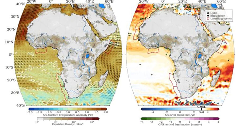 Synthesis of oceanic forcing and coastal exposure during the 2023–2024 El Niño across Africa. Panel (a) shows sea surface temperature anomalies revealing widespread marine heatwaves and suppressed upwelling that amplified sea levels across African waters. Panel (b) shows sea level rise trends from 1993 to 2024 combined with land subsidence data, highlighting hotspots in Small Island Developing States, the Gulf of Guinea, Senegal, Mauritania, and the Somali coast where relative sea level rise exceeds the global average. Population density is overlaid on land, and major upwelling systems are outlined in red. (Image credit: Ghomsi et al., Communications Earth & Environment (2026). Licensed under CC BY 4.0)