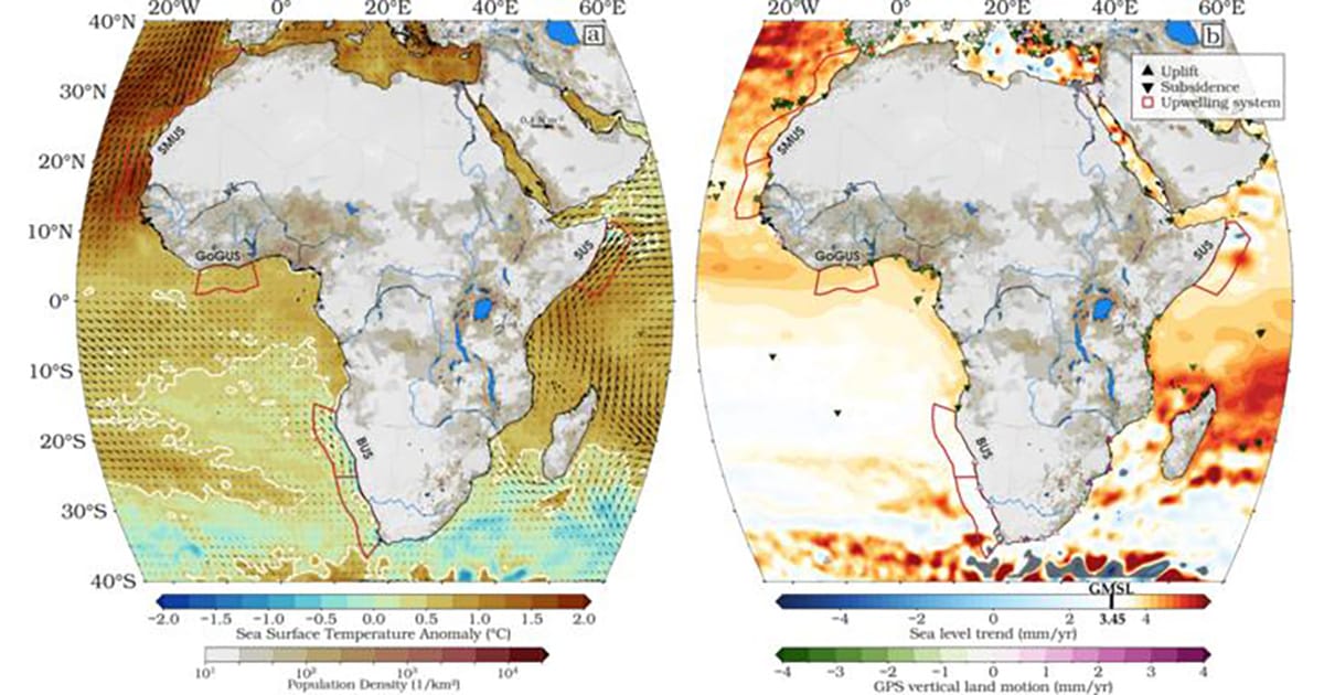 Synthesis of oceanic forcing and coastal exposure during the 2023–2024 El Niño across Africa. Panel (a) shows sea surface temperature anomalies revealing widespread marine heatwaves and suppressed upwelling that amplified sea levels across African waters. Panel (b) shows sea level rise trends from 1993 to 2024 combined with land subsidence data, highlighting hotspots in Small Island Developing States, the Gulf of Guinea, Senegal, Mauritania, and the Somali coast where relative sea level rise exceeds the global average. Population density is overlaid on land, and major upwelling systems are outlined in red. (Image credit: Ghomsi et al., Communications Earth & Environment (2026). Licensed under CC BY 4.0)