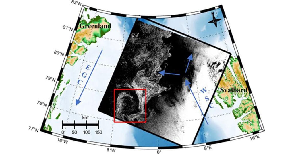 Map of the study area. The black frame indicates the coverage of the Sentinel-1 SAR image acquired at 07:29:11 UTC on 2021 August 25. The red frame delineates the ROI containing the ice-edge eddy.