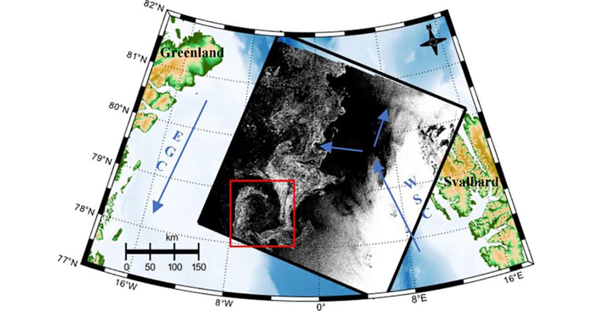 Map of the study area. The black frame indicates the coverage of the Sentinel-1 SAR image acquired at 07:29:11 UTC on 2021 August 25. The red frame delineates the ROI containing the ice-edge eddy.