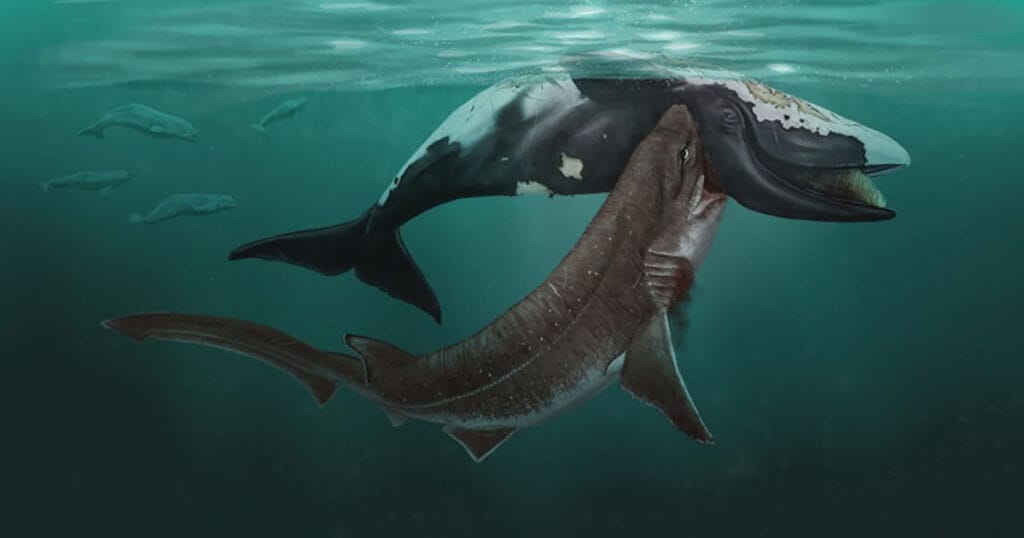 A painted reconstruction of a bluntnose six-gill shark (or cow shark) scavenging on a tiny extinct right whale carcass during the Early Pliocene of the southern North Sea. A pod of an extinct whale related to today’s belugas is swimming in the background.