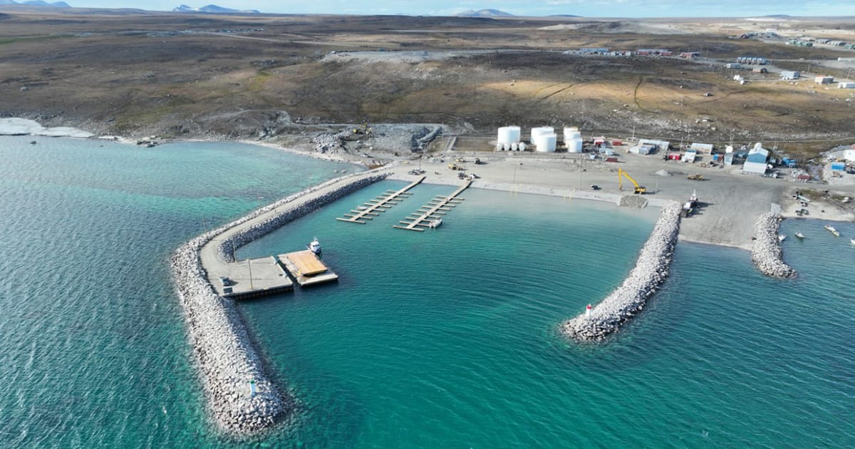 An aerial view of the new small craft harbor in Clyde River, Nunavut.