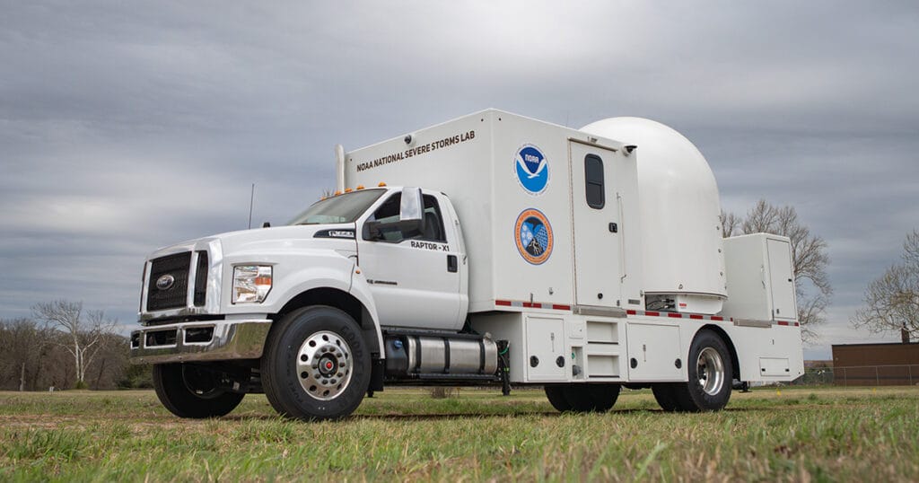One of three new radar-equipped, heavy-duty trucks designed to expand NOAA's ability to study and improve early warnings and forecasts for tornadoes, severe storms, flash floods, and wildfires.