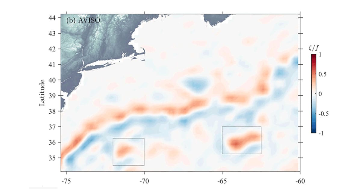 Comparison of the AVISO map built on a ten-day average and the GOFLOW map built on an hourly average.