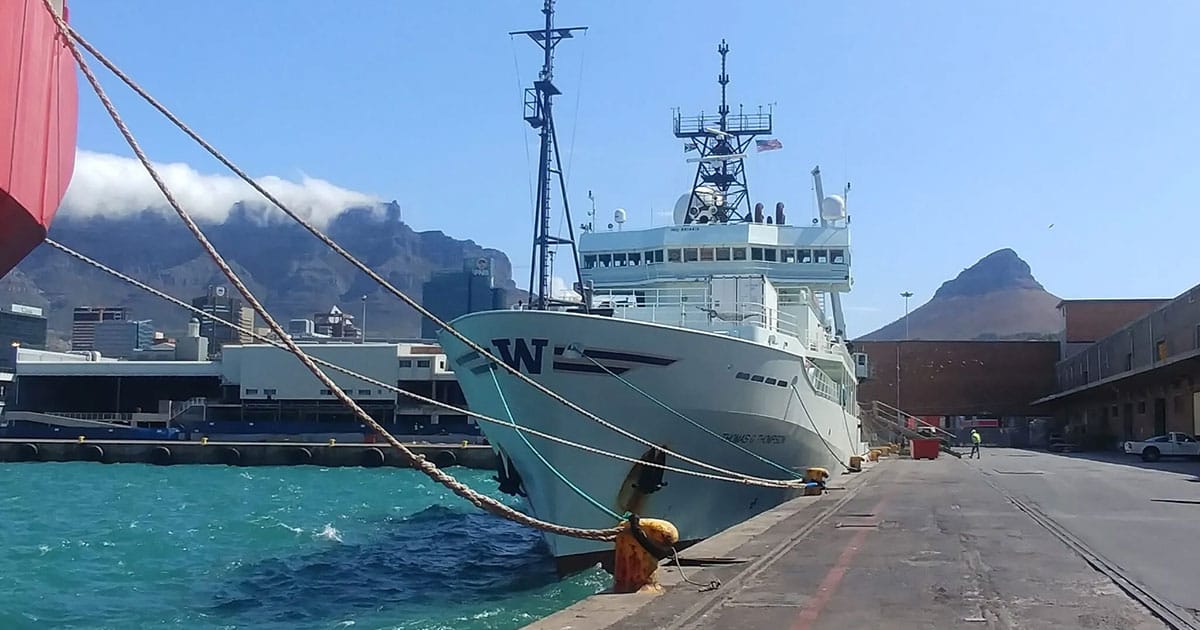 RV Thomas G. Thompson research vessel berthed at Cape Town, prior to departure.