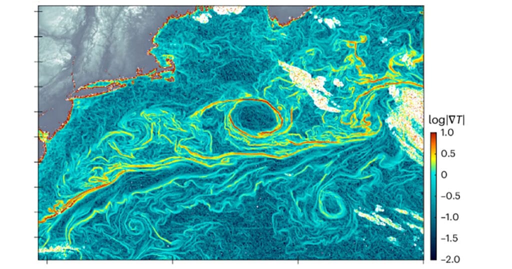 GOFLOW temperature gradient computed in the Gulf Stream region in the Atlantic Ocean.
