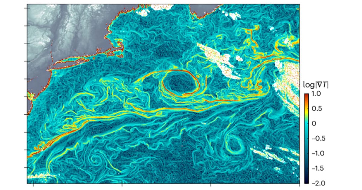 GOFLOW temperature gradient computed in the Gulf Stream region in the Atlantic Ocean.