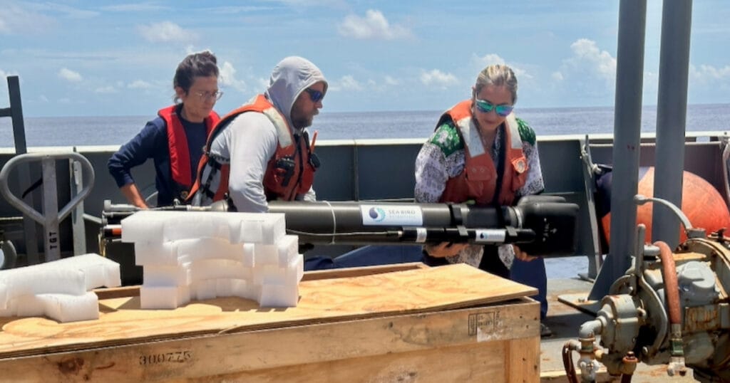 Science team led by Mariana Bif (right) prepare to launch a Biogeochemical-Argo (BCG Argo) float. (Image credit: Mariana Bif)