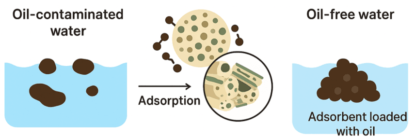 Illustration of batch adsorption of medium-heavy crude by chitosan/cellulose acetate@bentonite (CS/CA@BT) composite beads. 