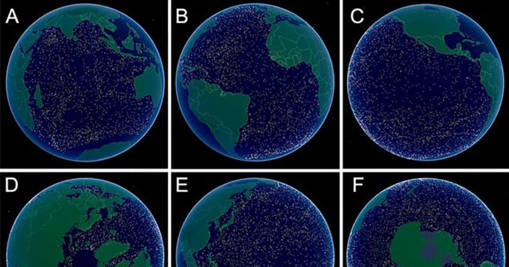 The Global Deep Sea Exploration Goal locations are visualized on six views of a three-dimensional surface of Earth: (A) Arctic Ocean, (B) Atlantic Ocean, (C) Indian Ocean, (D) Western Pacific Ocean, (E) Eastern Pacific Ocean, and (F) Southern Ocean. Maps rendered with ArcGIS software (53). (Image credit: Ocean Discovery League)