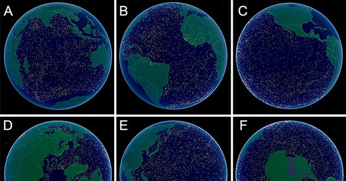 The Global Deep Sea Exploration Goal locations are visualized on six views of a three-dimensional surface of Earth: (A) Arctic Ocean, (B) Atlantic Ocean, (C) Indian Ocean, (D) Western Pacific Ocean, (E) Eastern Pacific Ocean, and (F) Southern Ocean. Maps rendered with ArcGIS software (53). (Image credit: Ocean Discovery League)