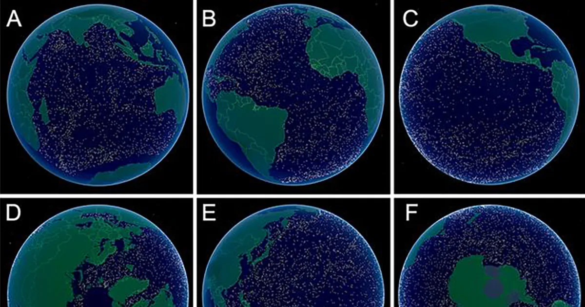 The Global Deep Sea Exploration Goal locations are visualized on six views of a three-dimensional surface of Earth: (A) Arctic Ocean, (B) Atlantic Ocean, (C) Indian Ocean, (D) Western Pacific Ocean, (E) Eastern Pacific Ocean, and (F) Southern Ocean. Maps rendered with ArcGIS software (53). (Image credit: Ocean Discovery League)