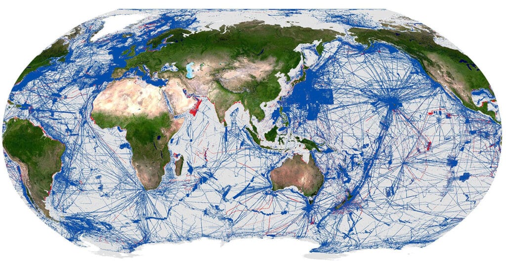 Mapped seafloor shown in red and blue, with red indicating new bathymetric data added in the last year.