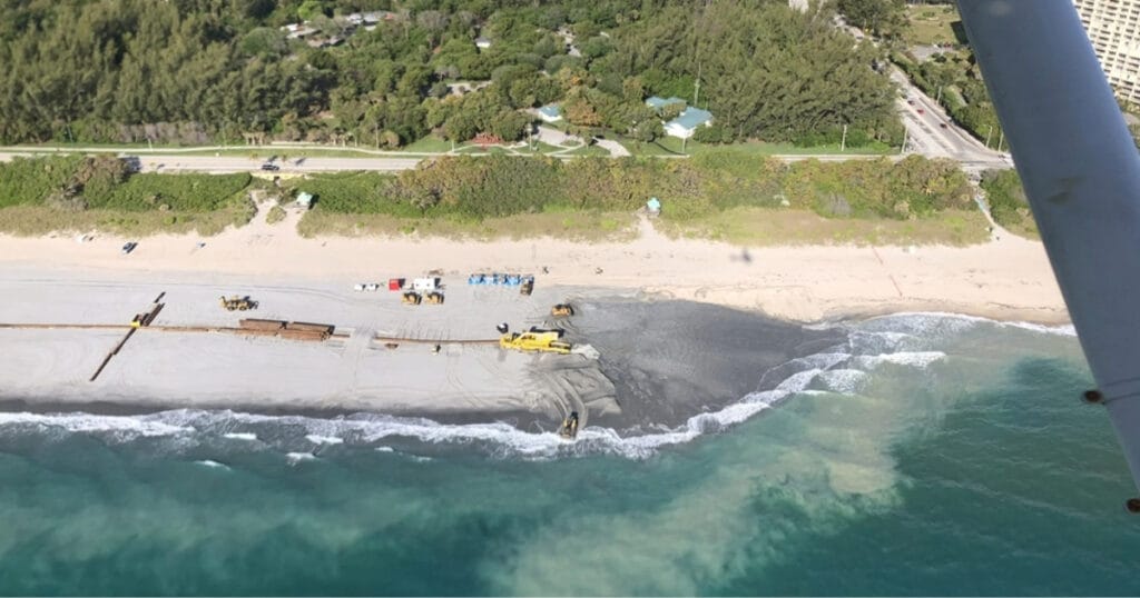 An aerial view of a beach nourishment project.