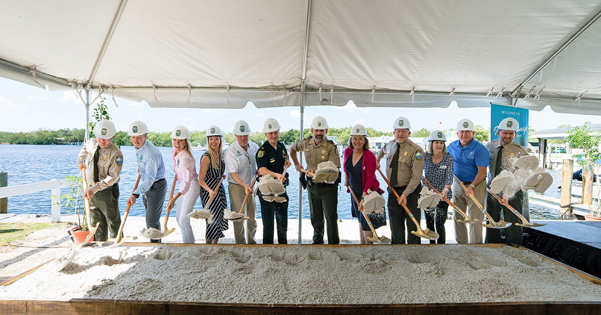 Officials from Monroe County, Florida, and Florida State Parks break ground on the new John Pennekamp Coral Reef State Park Discovery Center and Aquarium during an Earth Day ceremony at the park in Key Largo. The $52 million facility is set to open in the fall of 2028 and will include seven tanks totaling 43,000 gallons, including a 23,000-gallon tank devoted to Florida's Coral Reef—the only living coral barrier reef along the coast of North America.