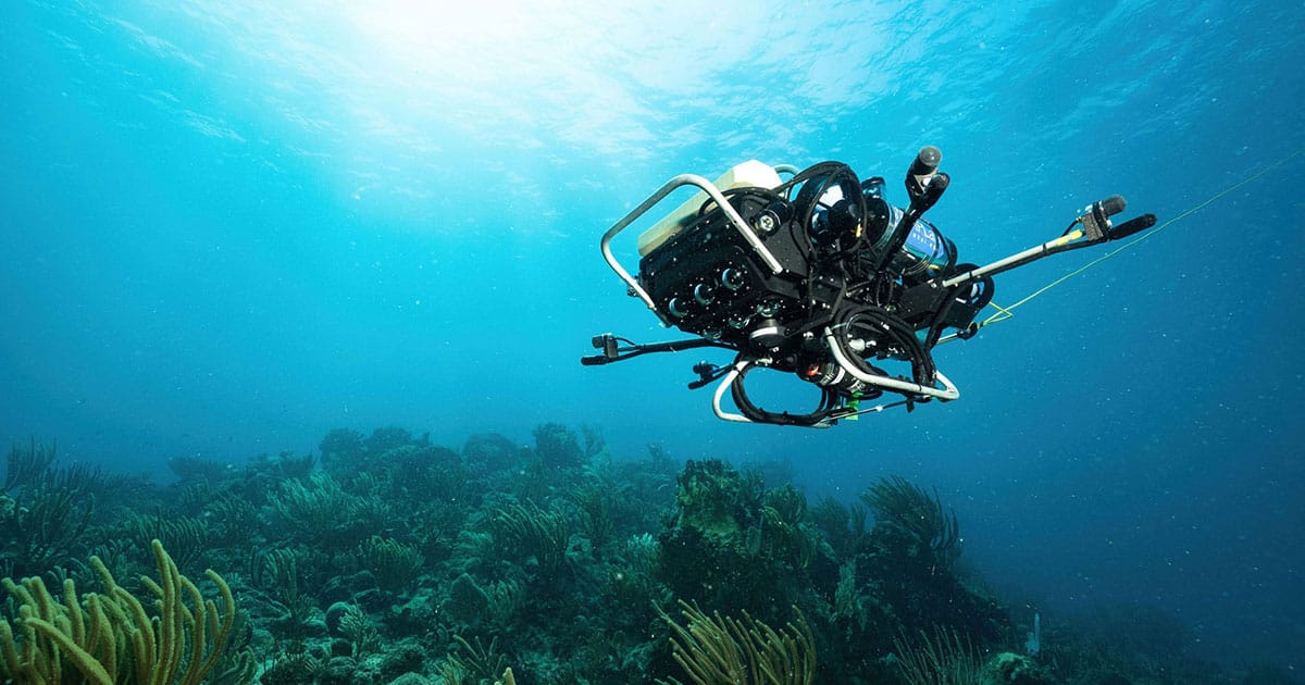 CUREE (Curious Underwater Robot for Ecosystem Exploration) autonomous underwater vehicle navigates using information from its cameras and outstretched hydrophones to gather audio and visual information about a coral reef environment. (Image credit: Austin Greene, Woods Hole Oceanographic Institution)