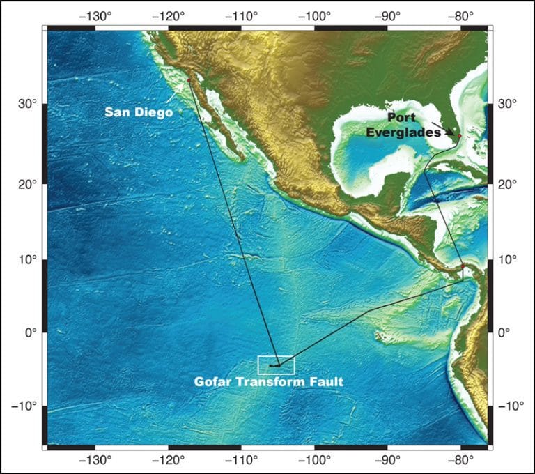 The Gofar transform fault is situated along the East Pacific Rise west of Ecuador. This image displays the cruise track from a 2021 expedition aboard the research vessel Thomas G. Thompson to Gofar to recover and redeploy ocean bottom seismographs that set sail from San Diego and ended in Port Everglades, Florida. 