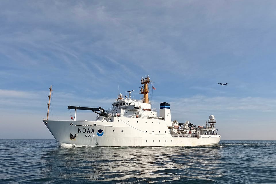 NOAA Ship Thomas Jefferson mapping off the coast of Cleveland, Ohio, in 2022, along with a NOAA plane collecting lidar data. 