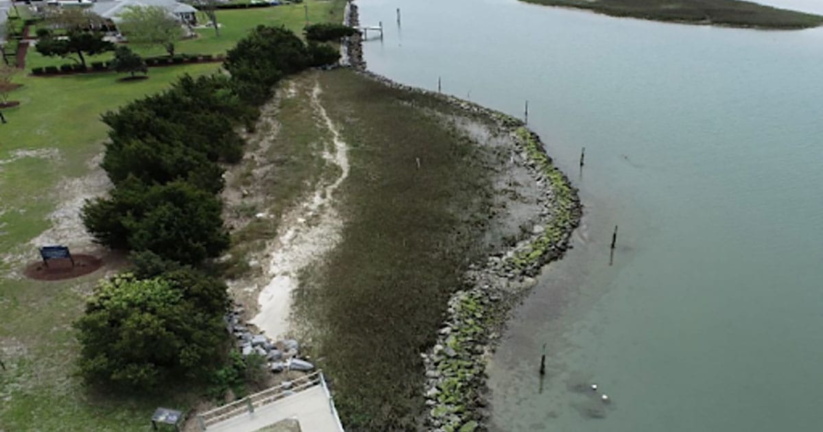 Aerial image of Duke Living Shoreline that restored an eroding shoreline and provided habitat.