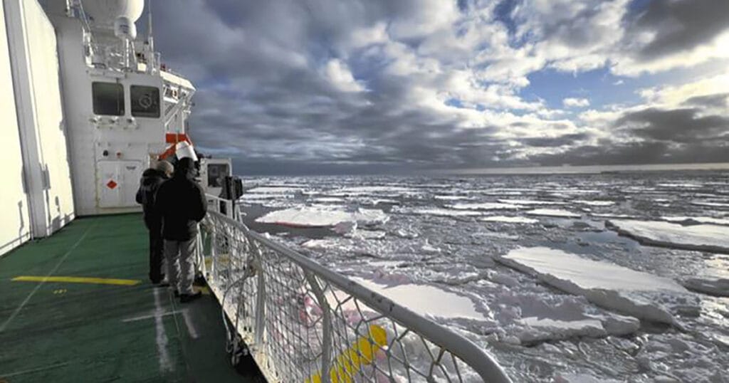 Academics on a research ship looking at collapsing Antarctic sea ice.