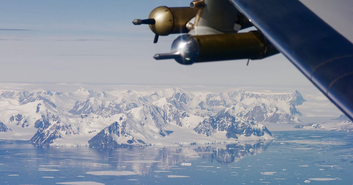 view of Antarctica out the window of the NSF NCAR Gulfstream V research aircraft during the ORCAS field campaign in 2016. Measurements taken during this mission were among those used by scientists to determine that the biological productivity of the Southern Ocean is greater than many previous estimates.