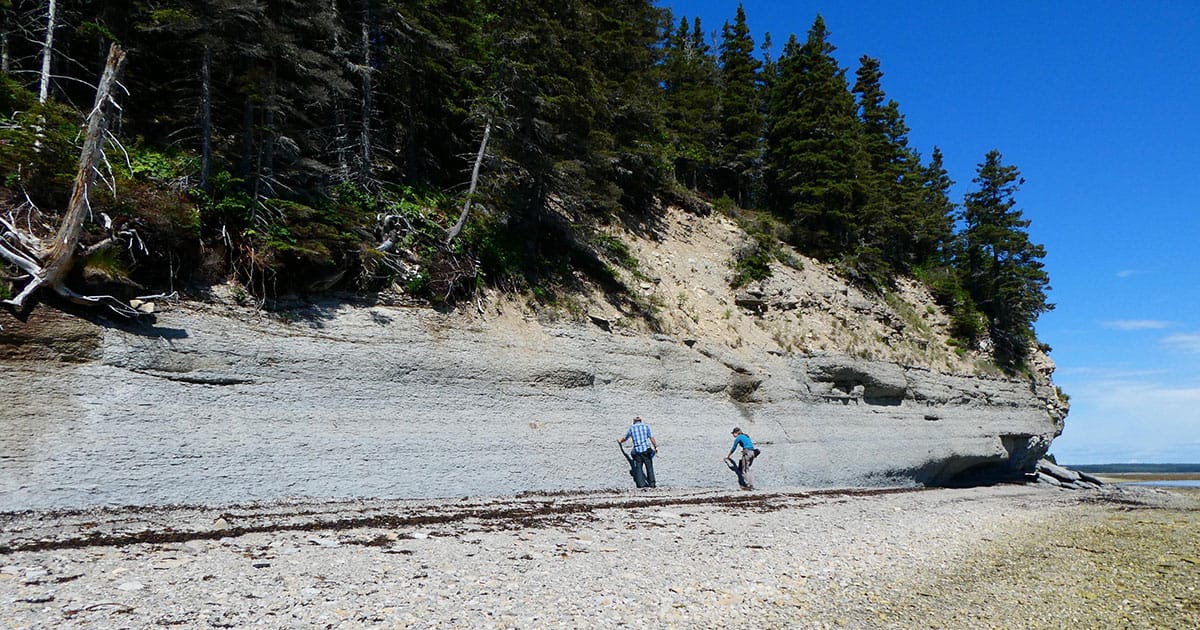 Sampling the Ordovician-Silurian boundary at Gamache Bay, Eastern Anticosti Island.