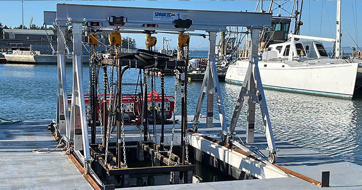 Research led by the UW has generated a non-chemical, proof-of-principle method that uses a custom-built floating platform (shown here) to apply vibration and pressure to a specific region of sediment. The hollow part in the middle of the platform allows six concrete vibrators to compact the sediment below, which kills the shrimp by starving them of oxygen.
