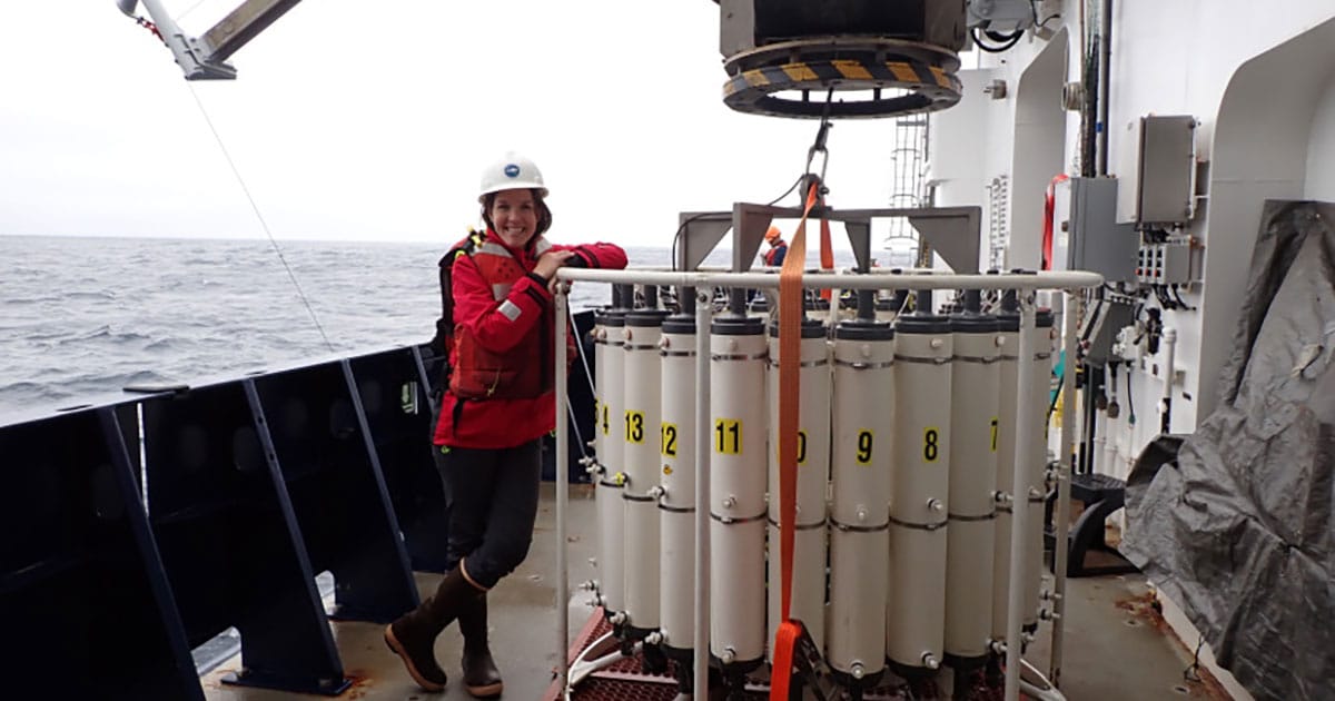 Study co-lead Erin Satterthwaite of Scripps Oceanography with a CTD rosette.
