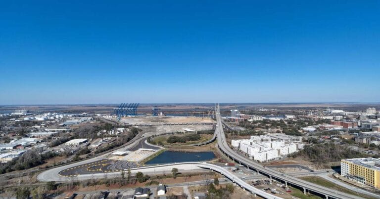 A $29 million overpass funded by Georgia Ports routes trucks from the Port of Savannah's Ocean Terminal onto US 17/Interstate 16, avoiding neighborhood streets. The nearly $1.6 billion renovation of Ocean Terminal will allow the 200-acre facility to handle up to 1.75 million twenty-foot equivalent container units per year.