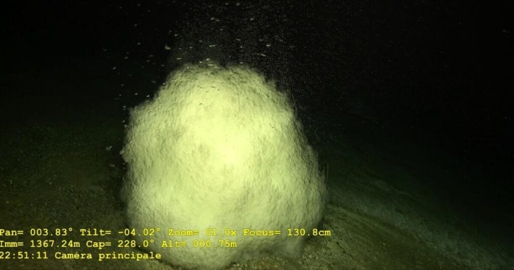CO2 hydrates releasing droplets of liquid CO2, filmed in 2021 at a depth of 1,367 meters by the Victor 6000 ROV in the Fer à Cheval area during the Geoflamme campaign aboard the Pourquoi Pas.