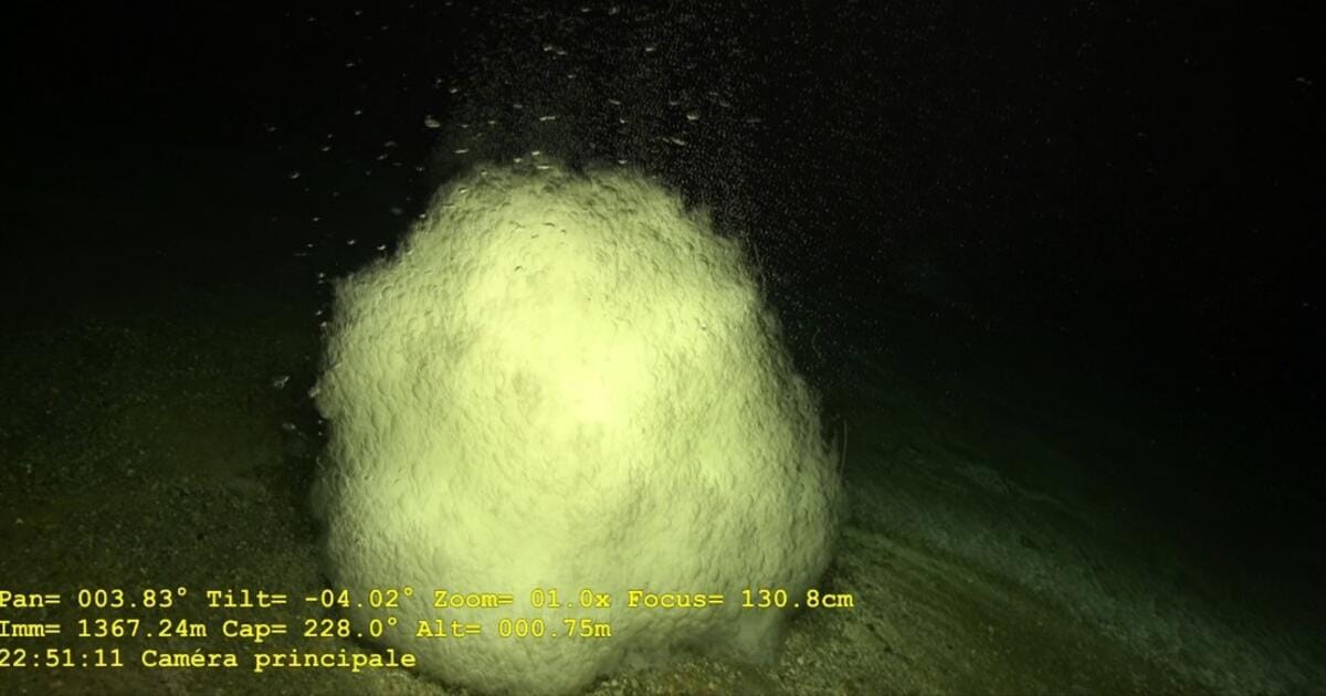 CO2 hydrates releasing droplets of liquid CO2, filmed in 2021 at a depth of 1,367 meters by the Victor 6000 ROV in the Fer à Cheval area during the Geoflamme campaign aboard the Pourquoi Pas.