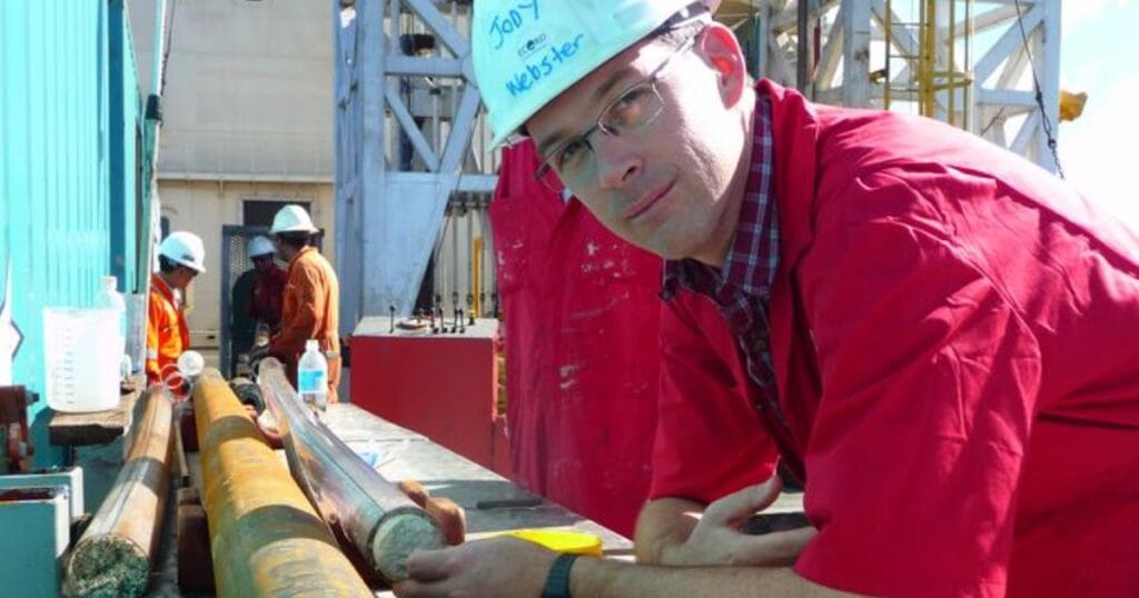 Professor Jody Webster from the University of Sydney examining a coral fossil core on IODP Expedition 325 in 2010. (Image credit: ESO IODP)