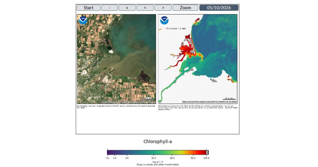Satellite images of Maumee Bay, OH on 05/10/2026, one of the new locations highlighted by NCCOS for HAB monitoring.