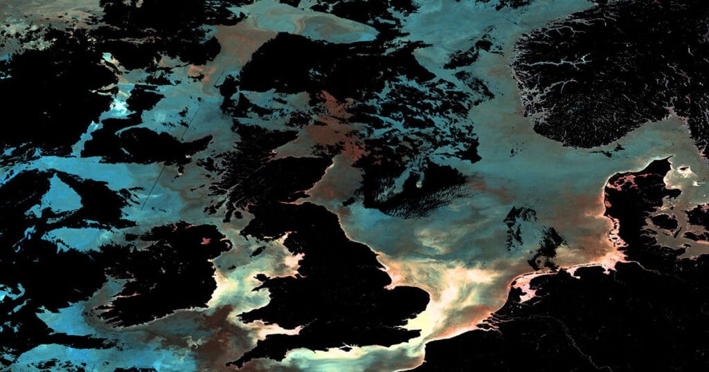 Ocean color satellite image showing patterns due to phytoplankton, sediment, dissolved organic matter and seawater conditions.