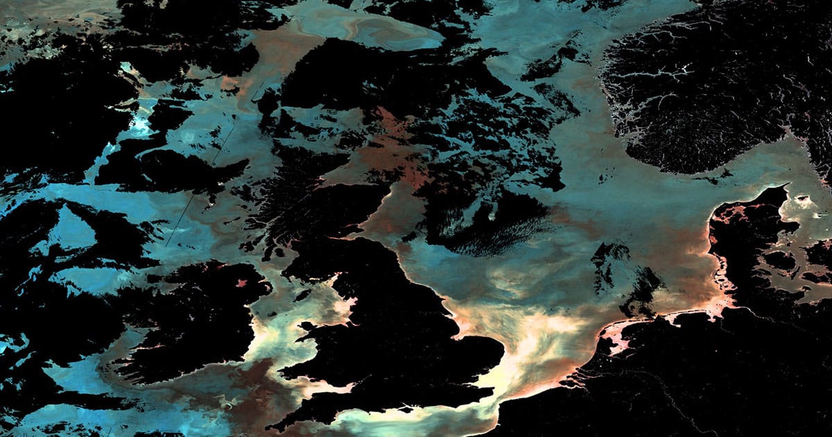Ocean color satellite image showing patterns due to phytoplankton, sediment, dissolved organic matter and seawater conditions.