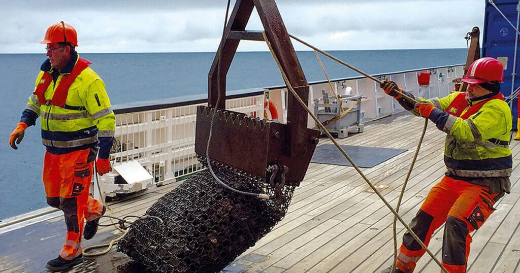 Picture of a dredge containing rock samples from the base of the Aleutian Islands recovered during SO249/1 Bering cruise.