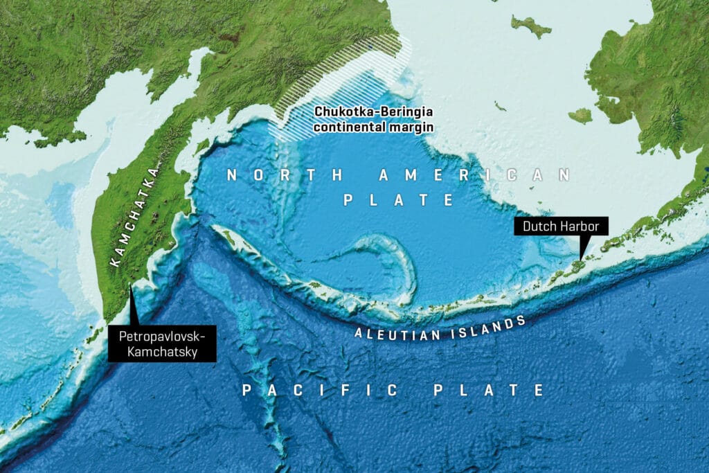 Between Alaska (USA) and Kamchatka (Russia) lies a chain of islands and underwater volcanoes stretching over more than 3,000 kilometers: the Aleutian Islands. Their rocks tell the story of one of the Earth’s most important plate boundaries, as this is where the Pacific Plate subducts beneath the North American Plate. 