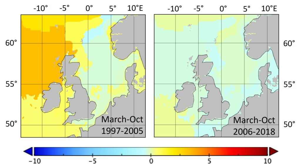 Regionally significant trend in Net Primary Production (NPP) across March-October from 1997–2005 and 2006–2018. Warm colors indicate an increase and cold colors indicate a decrease in NPP. 