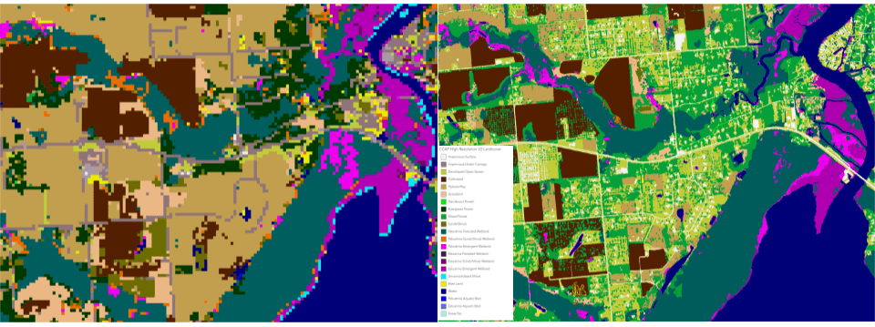 These comparative graphics are of the northern end of Weeks Bay in Alabama, as mapped based on imagery from 2021. They highlight the differences seen in comparing 30-meter-resolution land cover (LEFT) to the new, more detailed 1-meter, high-resolution map NOAA is issuing (RIGHT). A 1-meter resolution means that every pixel in the map (or each tiny colored tile) represents a 1-by-1-meter area on the ground. This updated Digital Coast tool will provide users with higher-quality land cover imagery.