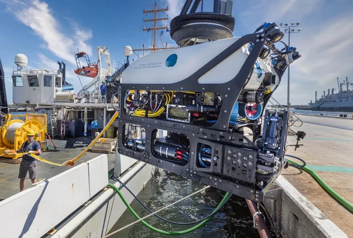 NOAA’s Office of Marine and Aviation Operations deploys a remotely operated vehicle (ROV). 