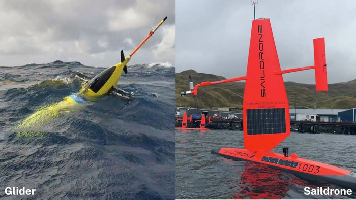 Left: An underwater buoyancy glider at the ocean surface on a deployment. Right: A Saildrone uncrewed surface vehicle in operation.