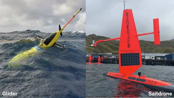 Left: An underwater buoyancy glider at the ocean surface on a deployment. Right: A Saildrone uncrewed surface vehicle in operation. 