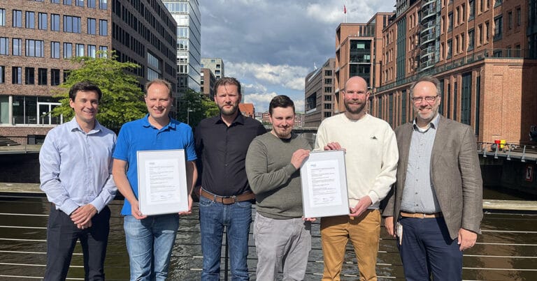 Left to right: Lauren Andrik, Project Manager at DNV; Tobias Kracke, Project Development Manager at RWE; Gerd Stein, Project Development Manager at RWE; Kasperi Heikkilä, Certification Engineer at RWE; Hannes Brudi, Certification Engineer at RWE; Stafan Baars, Head of Department Project Certification at DNV.