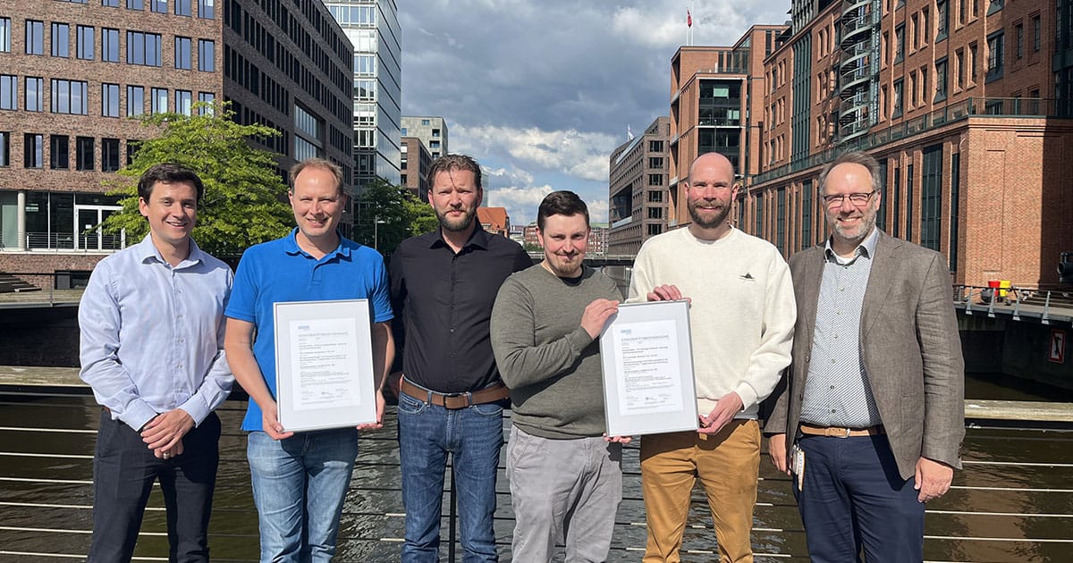 Left to right: Lauren Andrik, Project Manager at DNV; Tobias Kracke, Project Development Manager at RWE; Gerd Stein, Project Development Manager at RWE; Kasperi Heikkilä, Certification Engineer at RWE; Hannes Brudi, Certification Engineer at RWE; Stafan Baars, Head of Department Project Certification at DNV.